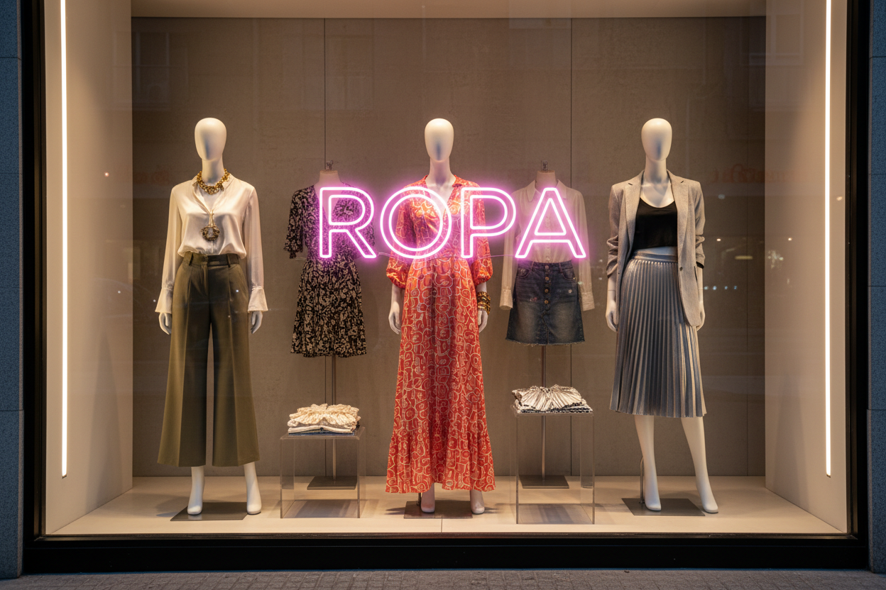Escaparate con maniquíes y ropa de mujer con texto ROPA en rosa neón
