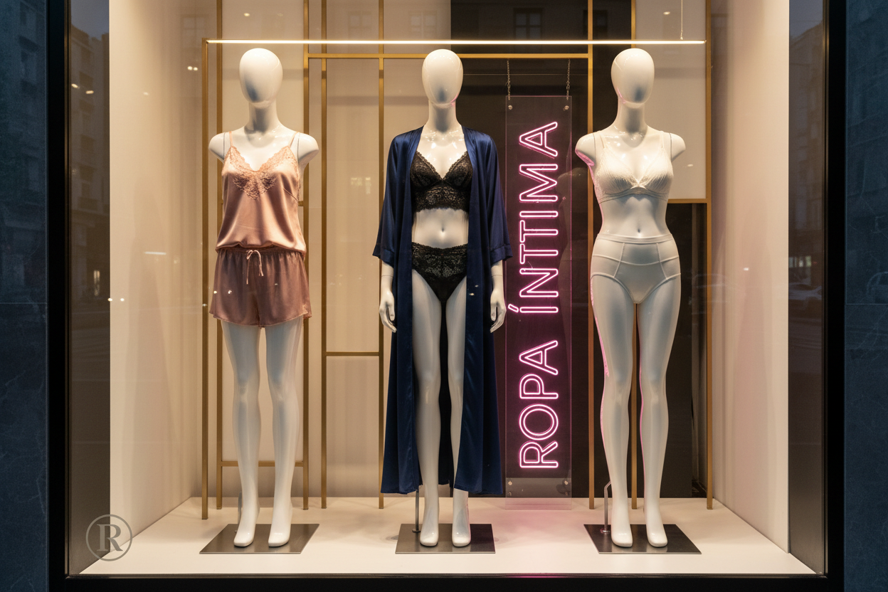 Escaparate con maniquíes y ropa íntima con texto ROPA ÍNTIMA en rosa neón