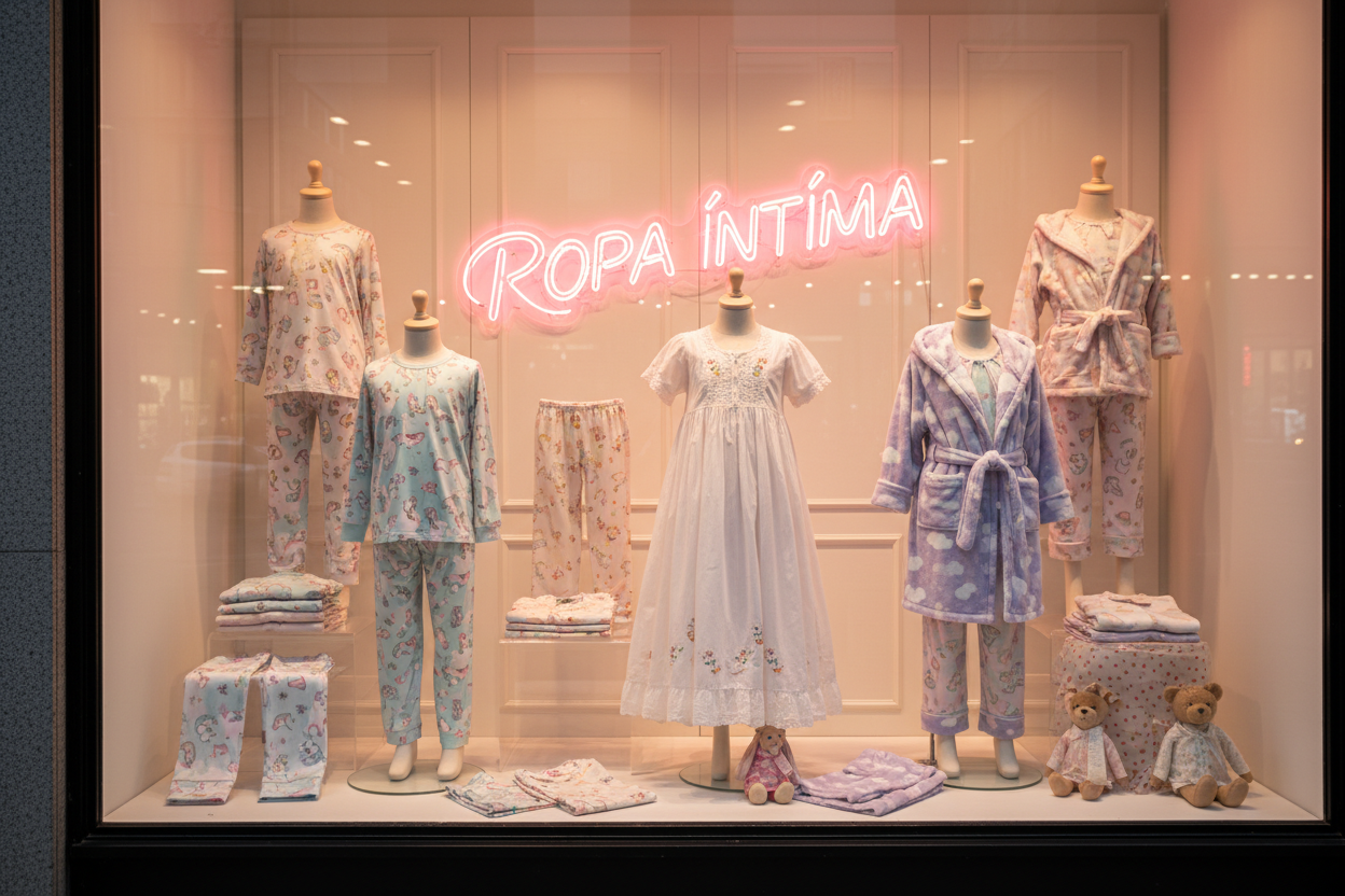 Escaparate con ropa de dormir de niña y texto ROPA ÍNTIMA en rosa neón