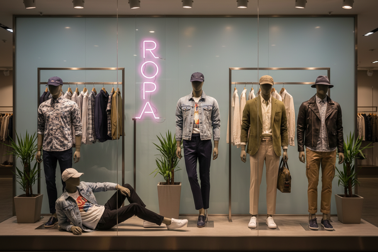 Escaparate con ropa de hombre y texto ROPA en rosa neón