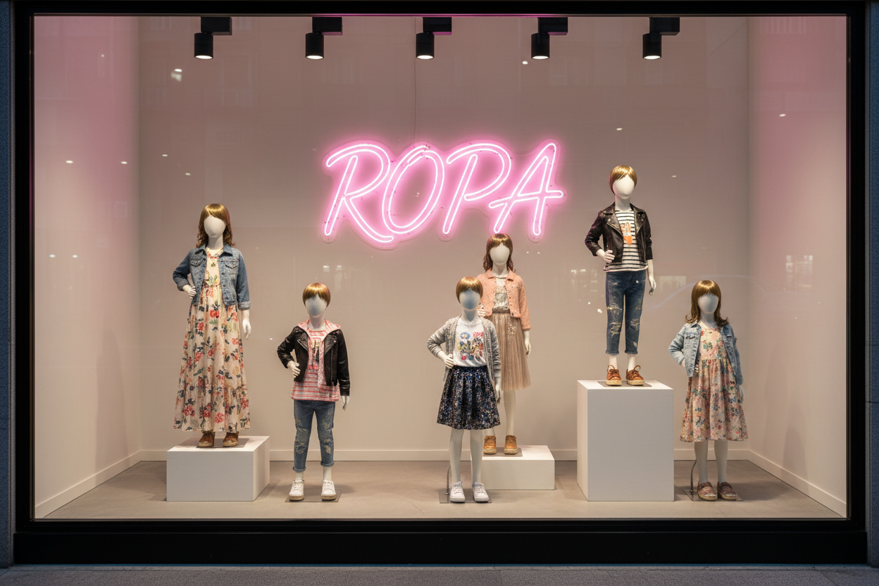Escaparate con ropa de niña y texto ROPA en rosa neón