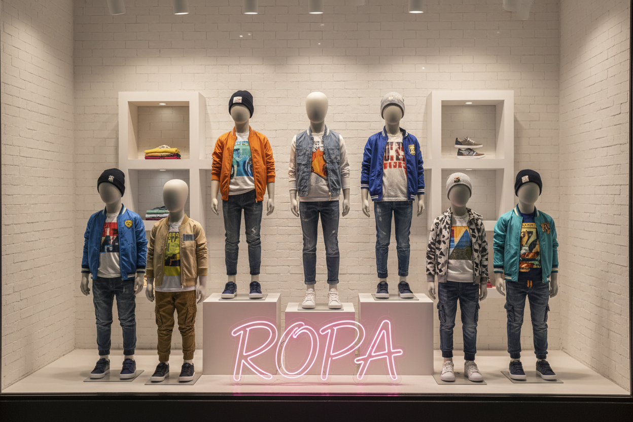 Escaparate con ropa de niño y texto ROPA en rosa neón