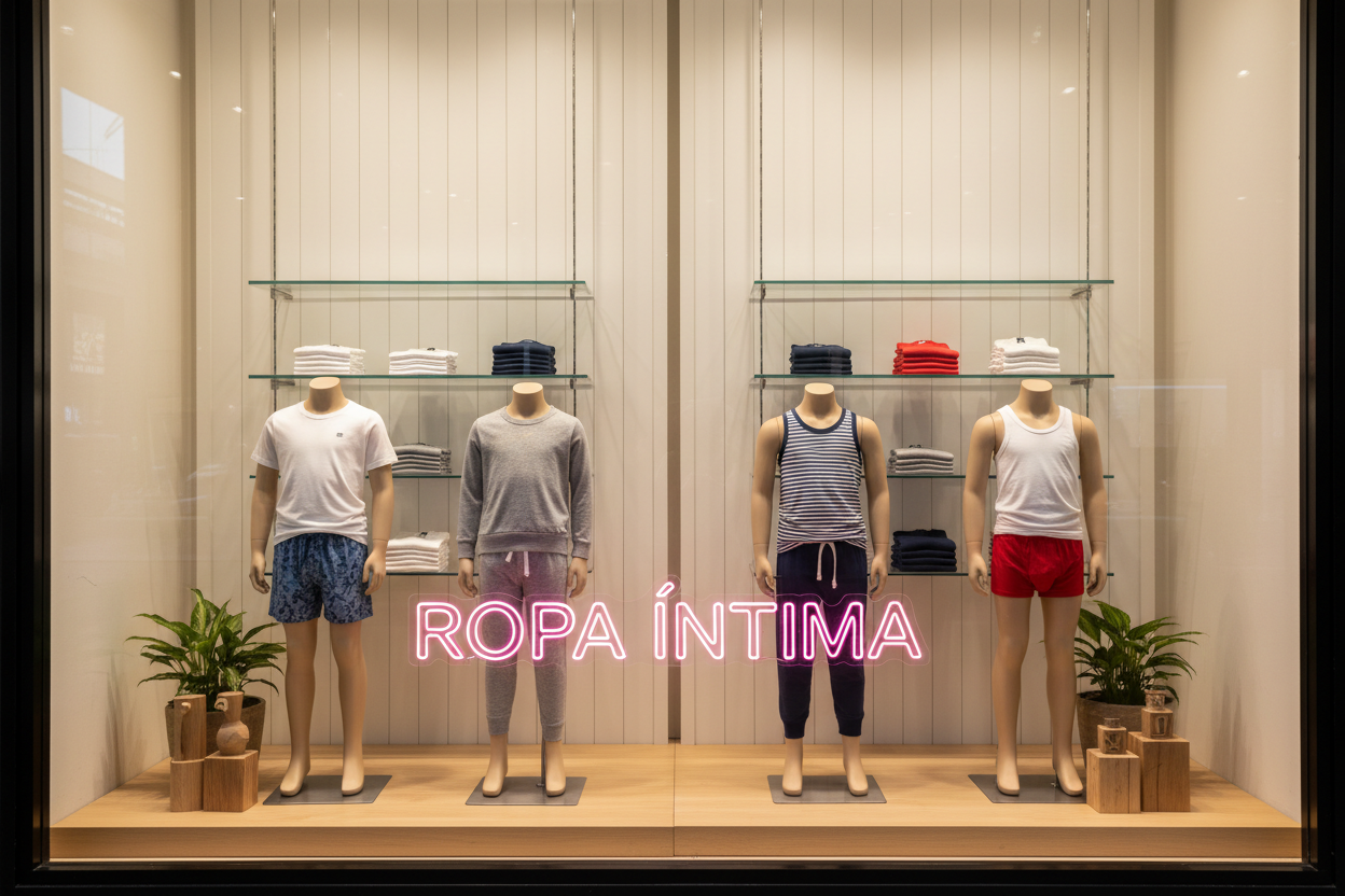 Escaparate con ropa íntima de niño y texto ROPA ÍNTIMA en rosa neón