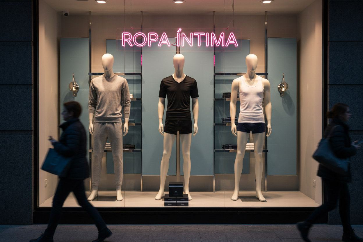 Escaparate con ropa íntima masculina y texto ROPA ÍNTIMA en rosa neón