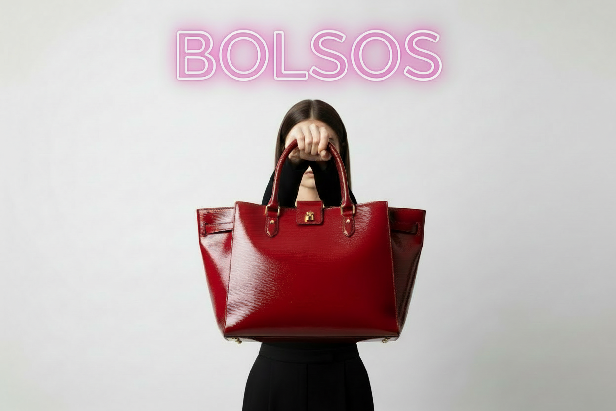 Imagen con mujer, bolso y texto BOLSOS superpuesto en el centro