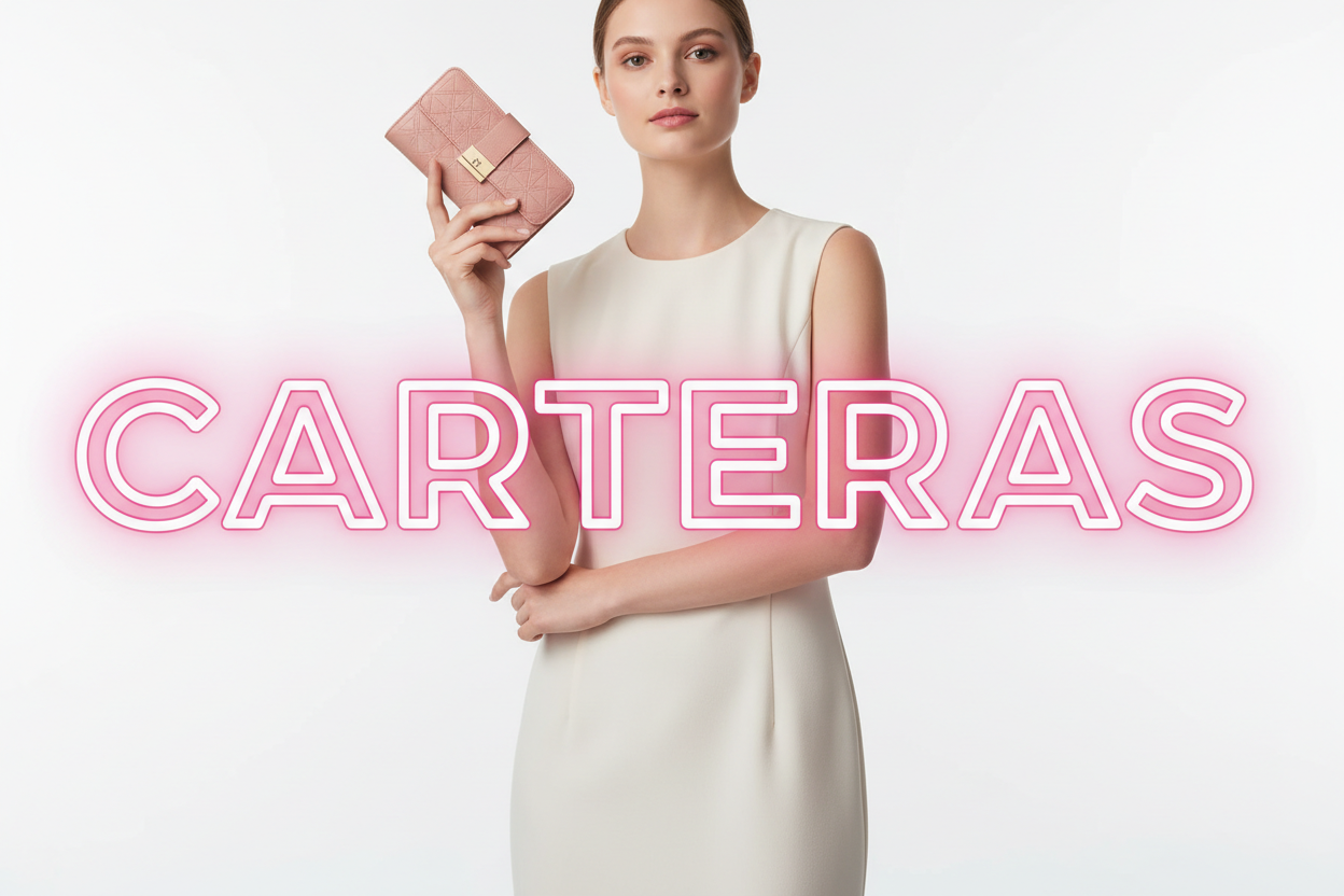 Imagen de modelo con cartera y texto CARTERAS en rosa neón