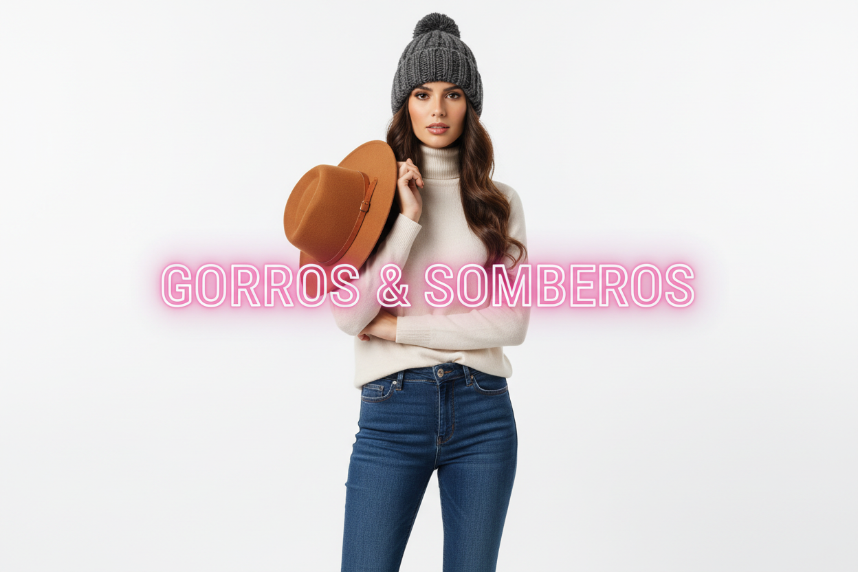 Imagen de mujer con gorro y texto GORROS & SOMBREROS en rosa neón