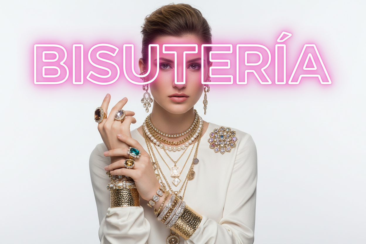 Modelo con bisutería y texto BISUTERÍA en rosa neón