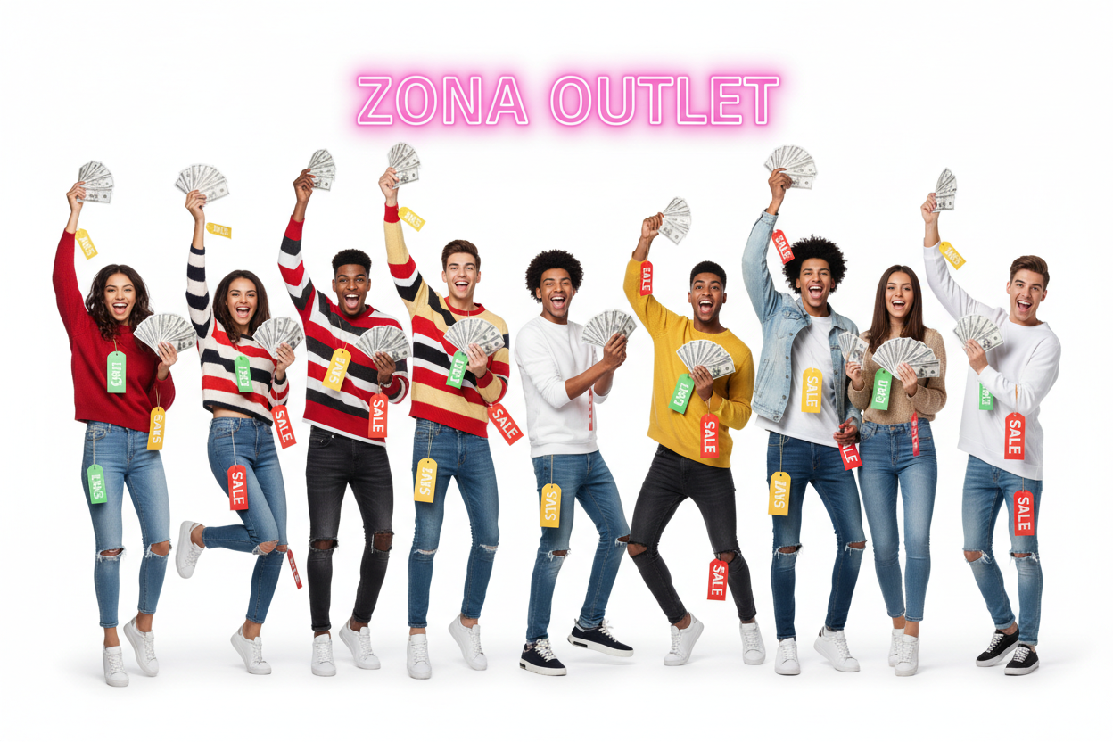 Modelos con dinero, etiquetas de descuento y texto ZONA OUTLET en rosa neón